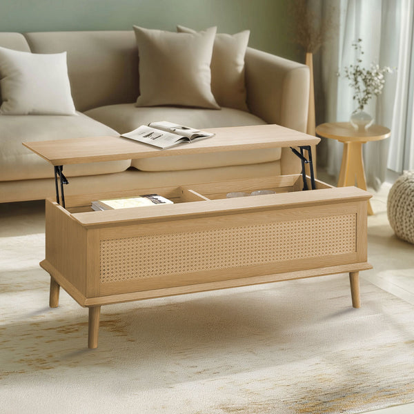 JLA Home 510 Design - Lift-Top Rattan Coffee Table with Soft-Close Lift, Hidden Storage, Mid-Century Wood Legs, Versatile Surface FUR120-0055