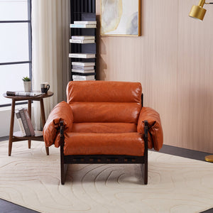 English Elm Medieval premium lounge chair with oil-waxed leather, removable cushion, mortise & tenon frame stability Retro Orange W2989P328541
