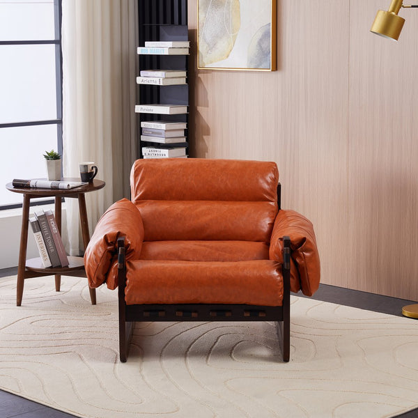 English Elm Medieval premium lounge chair with oil-waxed leather, removable cushion, mortise & tenon frame stability Retro Orange W2989P328541