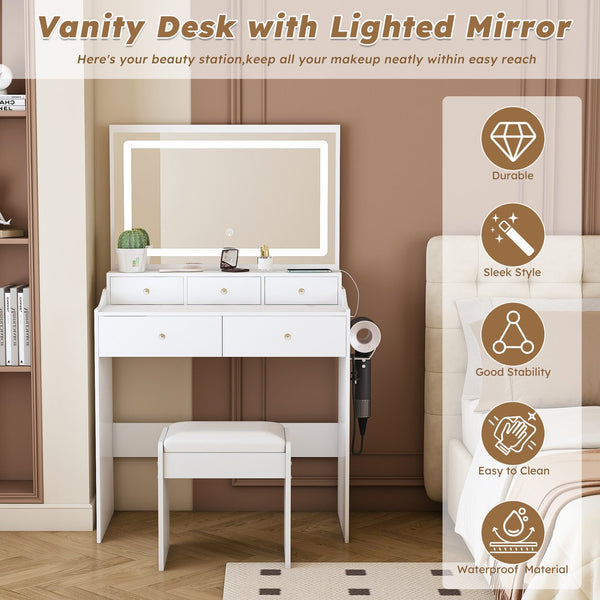 English Elm New Large Mirror Vanity Desk with 5 Drawers, Built-In Outlet & Hairdryer Holder, 3-Mode LED Lighting White W509P339034