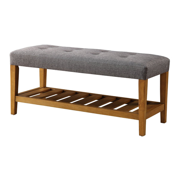 English Elm Grey Tufted Padded Seat Bench with Oak Frame, Slatted Storage Shelf, Gray Fabric, Modern Comfort B062P189180