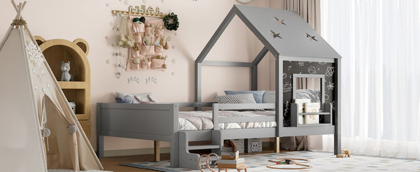 English Elm Full Bunk Bed with Trundle Bookshelf Storage Pine Frame Car Design for Kids Gray W1580S00296