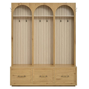 English Elm Farmhouse Hall Tree with Triple Arch Back Panel Eight Hooks Drawers and Entryway Bench N721S000071L
