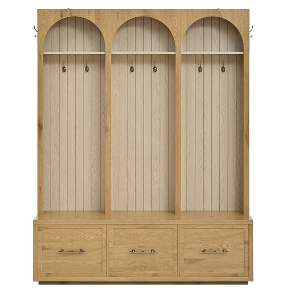 English Elm Farmhouse Hall Tree with Triple Arch Back Panel Eight Hooks Drawers and Entryway Bench N721S000071L
