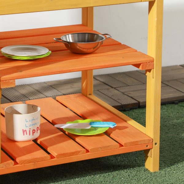 English Elm Outsunny Solid Fir Wood Kids Outdoor Mud Kitchen Playset with Sink Faucet Shelves W2225P200780
