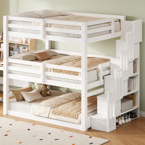 English Elm Full Size Triple Bunk Bed Solid Pine Frame with Storage Staircase Separate Convertible Design White N7090000477K