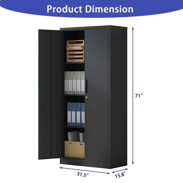 English Elm 71"H Heavy Metal Garage Storage Cabinet with 3 Adjustable Shelves, Locking 3-Point System & Anti-Tip Design Black T2398P152545
