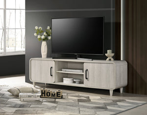 English Elm 1pc Mid-Century TV Stand 71.1" Wide Light Finish with Sliding Doors, Tapered Legs & Gold Handles Antique White 21 L x 73.5 W x 18.5 H B2741P406247