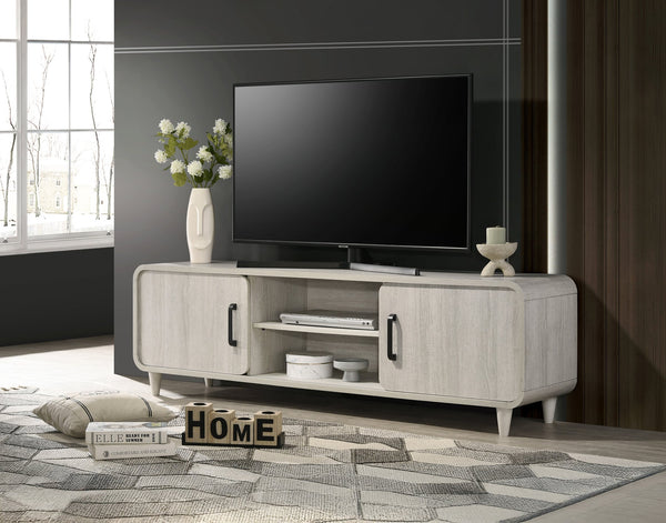 English Elm 1pc Mid-Century TV Stand 71.1" Wide Light Finish with Sliding Doors, Tapered Legs & Gold Handles Antique White 21 L x 73.5 W x 18.5 H B2741P406247