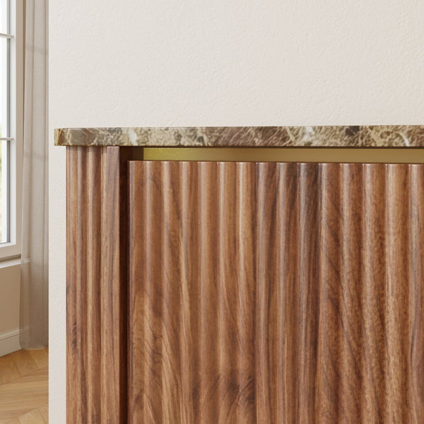 English Elm 60'' Fluted Oak Credenza with Faux Marble Top and Gold Trim Four Door Buffet Walnut W5216P454713