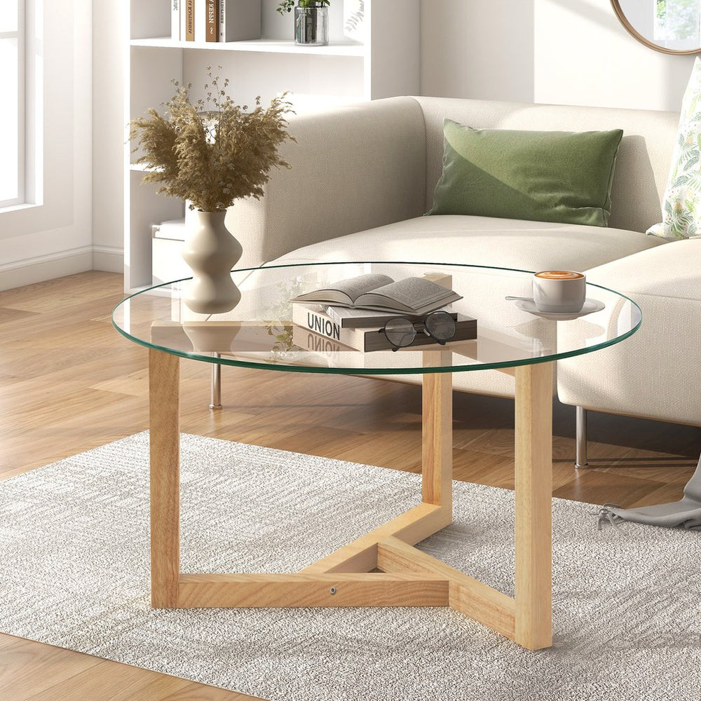 English Elm [New Round Glass Coffee Table] 8mm Tempered Top, Sturdy Tripod Wood Base, Modern Easy Assembly, Natural Finish WF293702AAA