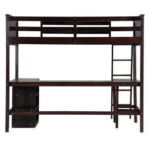 English Elm Twin Loft Bed with Built-in Desk and Open Shelves Solid Pine Kids Study Sleep Espresso LT001537AAP-1