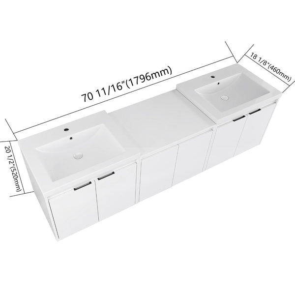 English Elm 72" Float Mount Double Sink Bathroom Vanity Glossy White Plywood Soft Close W999S00535