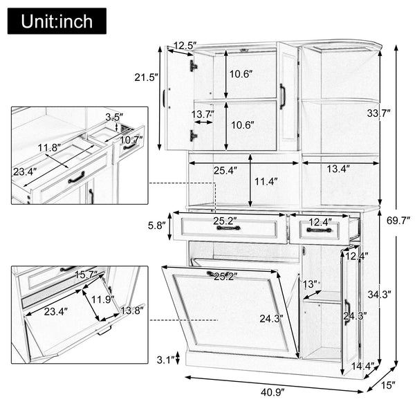 English Elm Tall Freestanding Organizer Cabinet with Tilt-Out Hamper, 2 Drawers, Adjustable Shelves, Modern White MDF Storage N725S352451K