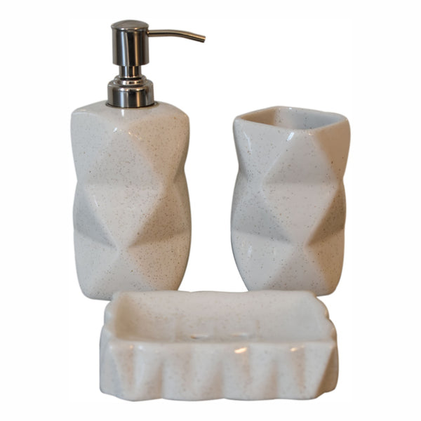 English Elm Sindri Glossy Porcelain Bathroom Set of 3 – Handcrafted White Marble-Style Soap Dispenser, Dish, Holder B182P336638
