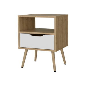 English Elm Natural Oak and White Scandinavian Nightstand with Drawer Cut-Out, Open Shelf & Angled Legs for Cozy Storage B062P303913