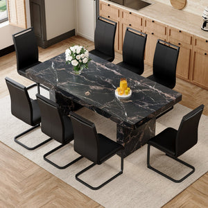English Elm Table and Chair Set 9 Piece Black Marble Mdf Dining with 8 Pu Leather Seats W1151S03924