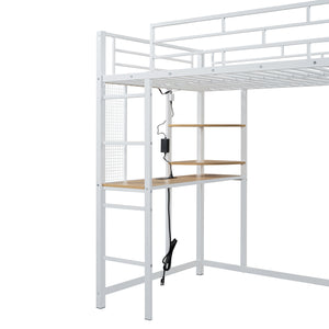 English Elm Twin Loft Bed with Built-In Desk, LED Light Strip, Power Outlet & Fabric Wardrobe for Small Rooms White SF000178AAK