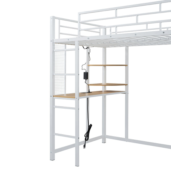 English Elm Twin Loft Bed with Built-In Desk, LED Light Strip, Power Outlet & Fabric Wardrobe for Small Rooms White SF000178AAK