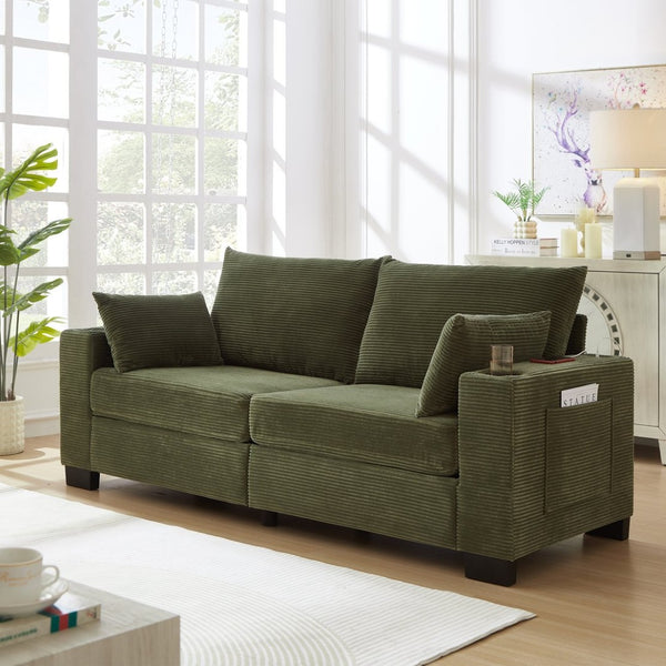 English Elm 78"corduroy Plush Three Seat Sofa with Usb Ports Cup Holders Deep Cushions Apartment Green W3705P455917