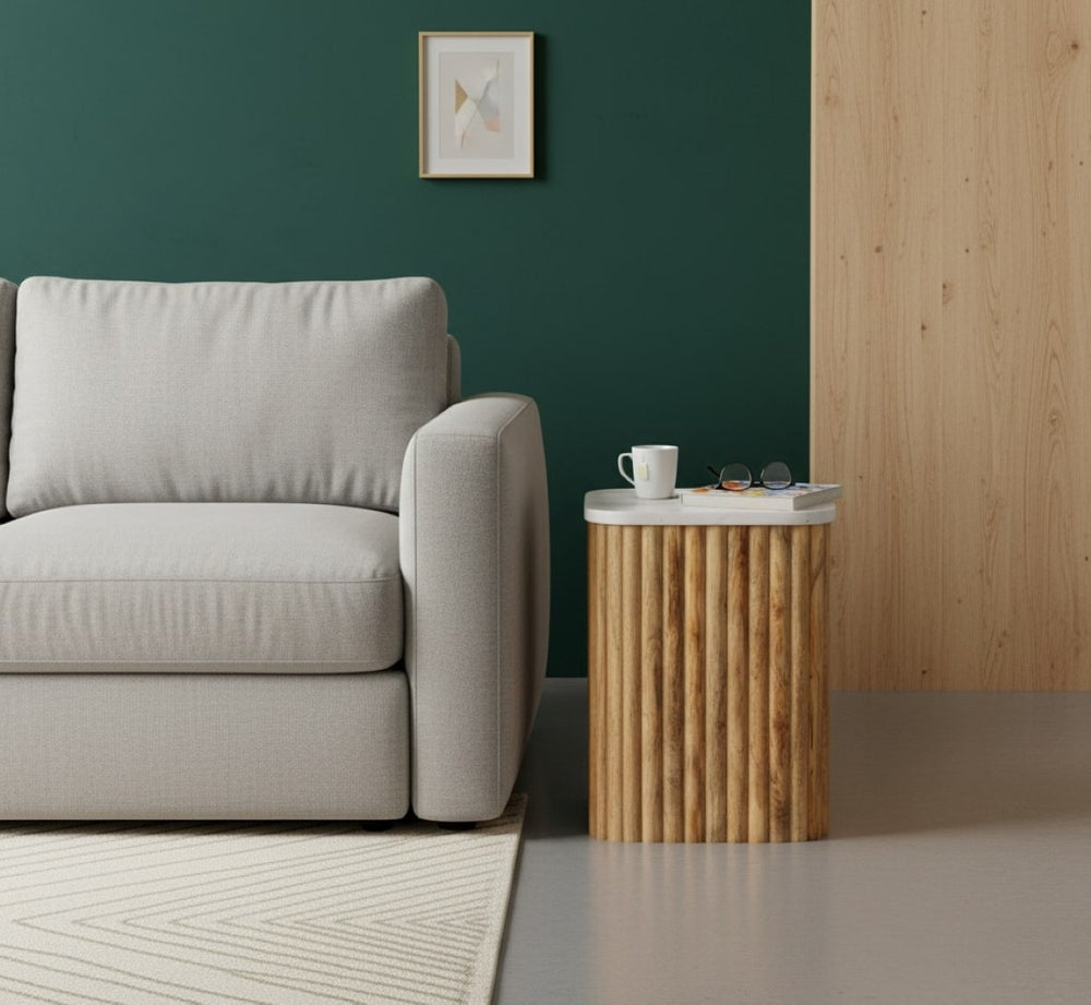 English Elm Artisan Mango Wood Fluted Side Table with Veined Marble Top for Modern Interiors B182P429622