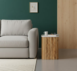 English Elm Artisan Mango Wood Fluted Side Table with Veined Marble Top for Modern Interiors B182P429622