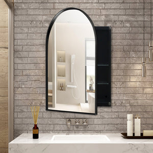 English Elm 24x36 Arched Recessed Medicine Cabinet with Mirror and Adjustable Shelves, Sleek Metal Frame Bathroom Storage Matte Black W1435P182919