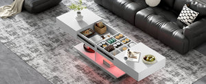 English Elm U-Can Extendable Coffee Table with Bluetooth 16-Color LED, Smooth Glide Top and Hidden Storage Space White N724P290061K
