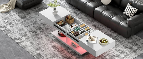 English Elm U-Can Extendable Coffee Table with Bluetooth 16-Color LED, Smooth Glide Top and Hidden Storage Space White N724P290061K
