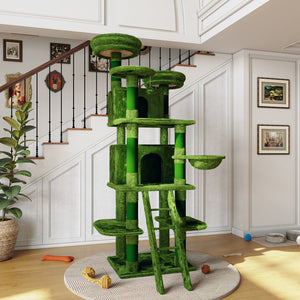English Elm Large 7 Tier Plush Cat Tree with Dual Condos Hammock Sisal Posts for Multi Cat Homes Green W1578P447622