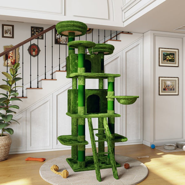 English Elm Large 7 Tier Plush Cat Tree with Dual Condos Hammock Sisal Posts for Multi Cat Homes Green W1578P447622