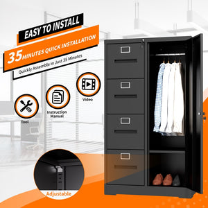 English Elm Metal Four Drawer Filing Cabinet with Lock Steel Storage for Home Office Bedroom Black W2735P457274