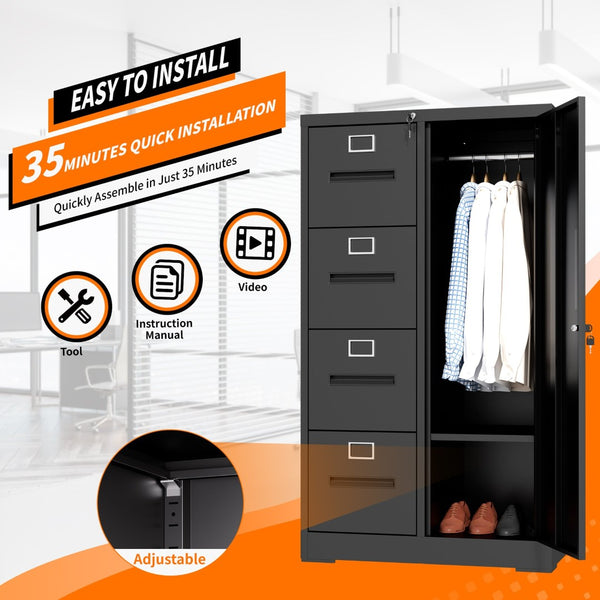 English Elm Metal Four Drawer Filing Cabinet with Lock Steel Storage for Home Office Bedroom Black W2735P457274