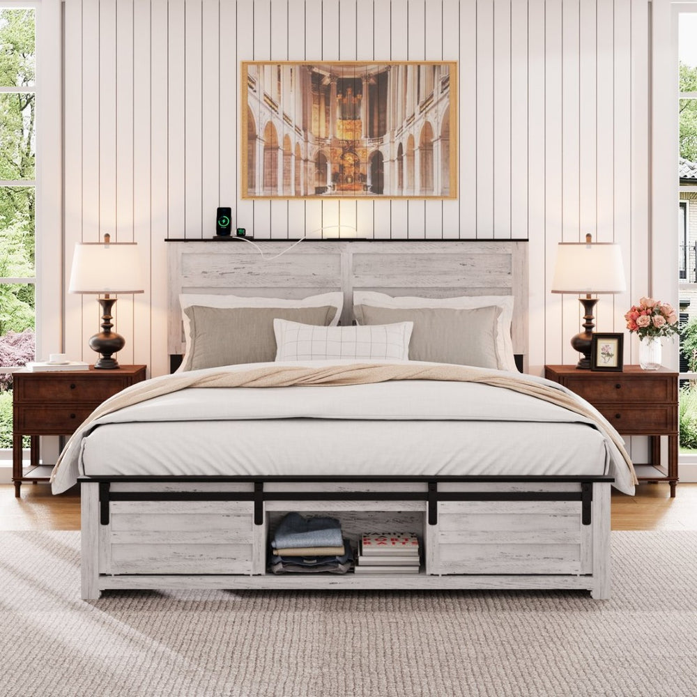 English Elm Queen Farmhouse Platform Bed Antique White Wood Frame Led Lighting and Charging Station W636P209999