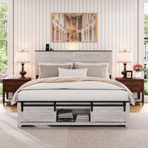 English Elm Queen Farmhouse Platform Bed Antique White Wood Frame Led Lighting and Charging Station W636P209999