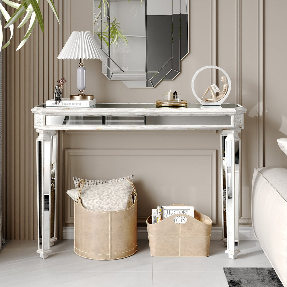 English Elm Mirror Vintage Carved Console Table with Mirrored Panels, Elegant Noble Accent for Entryway Living Room W1445P214048