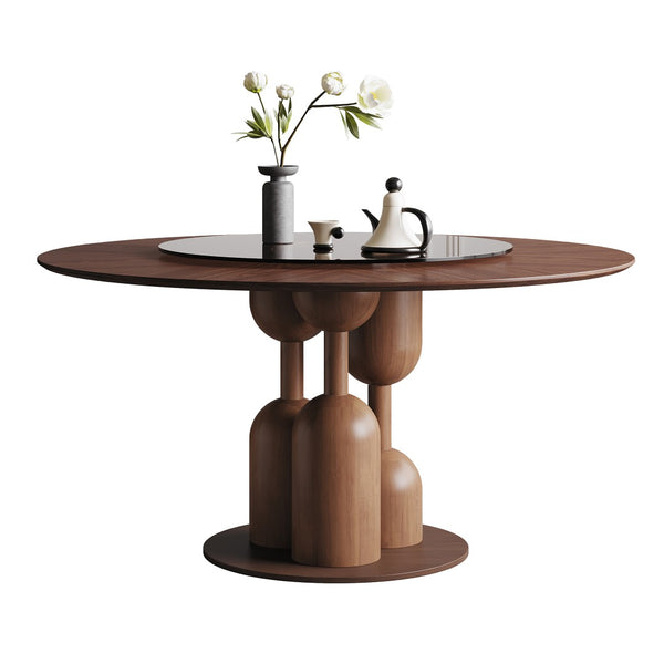English Elm 59-inch Solid Oak Live Edge Round Dining Table Wabi-sabi Style Seats 8 with Glass Lazy Susan W2700S00135