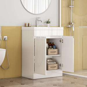 English Elm 24-Inch Bathroom Vanity With Integrated Sink & Mirror, Modern Handle-Free Design, Soft-Close Doors & Storage W3151S00057