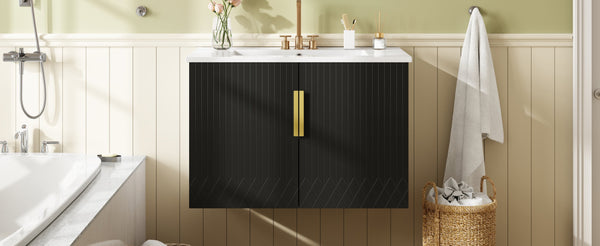English Elm 30" Vintage Bathroom Vanity with Ceramic Sink — Wall-Mount MDF & Solid Wood Cabinet, Storage, Sleek Finish Black N710P214100B