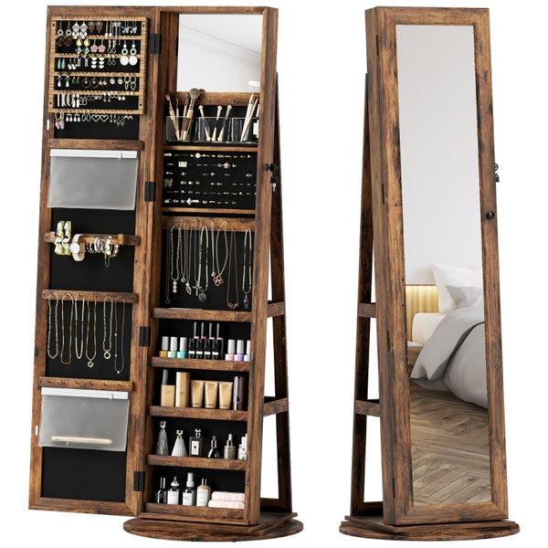 English Elm Robust Rotating Floor Jewelry Armoire with Full Length Mirror and Locking Mdf Cabinet T3971P430644