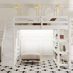 English Elm Full Size Loft Bed With Integrated Shelves, Storage Staircase, Small Wardrobe & Led Lighting N7090000472K