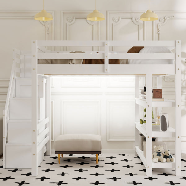 English Elm Full Size Loft Bed With Integrated Shelves, Storage Staircase, Small Wardrobe & Led Lighting N7090000472K