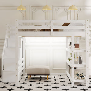 English Elm Full Size Loft Bed with Wardrobe Storage Staircase Shelves and Led Lighting N7090000472K-1