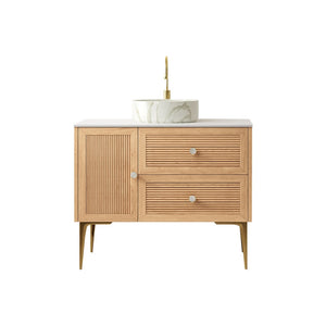 English Elm Dina Floating Bathroom Vanity Sintered Stone Top Glass Basin Striped Plywood Cabinet W2615S00477
