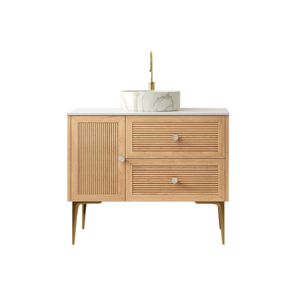 English Elm Dina Floating Bathroom Vanity Sintered Stone Top Glass Basin Striped Plywood Cabinet W2615S00477