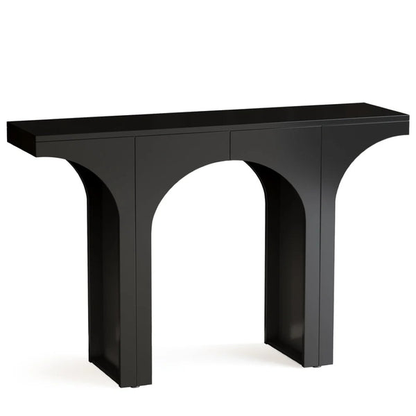 English Elm Entryway Console Table with Sculptural Stacked Wood Panels and Open Arc Base T3971P453499
