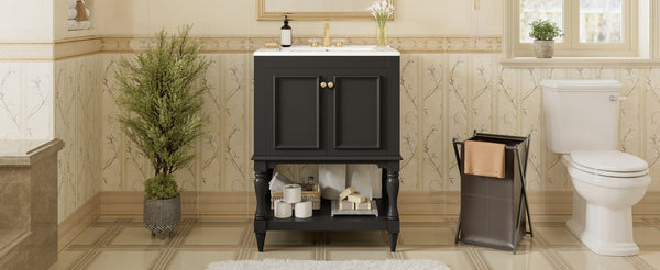 English Elm 24'' French Style Bathroom Vanity with Ceramic Sink Soft Close Cabinet and Drawer Black N710P411341B