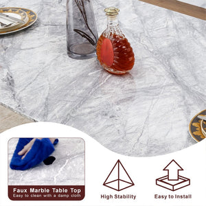 English Elm Marble Faux Top Rectangle Dining Table Seats Six Chrome Steel Base Modern Glam W3456S00058