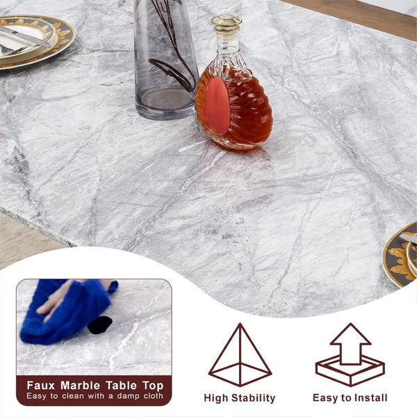 English Elm Marble Faux Top Rectangle Dining Table Seats Six Chrome Steel Base Modern Glam W3456S00058