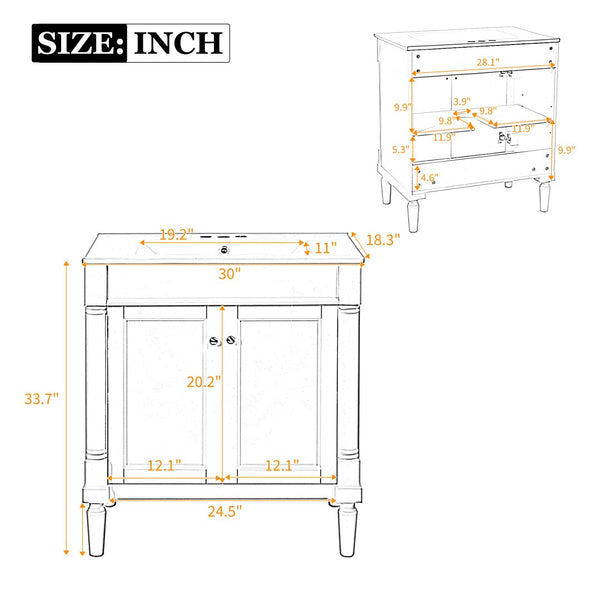 English Elm 30" French Style Bathroom Vanity with Ceramic Basin Soft Close Doors Wood Legs White N710P415327K